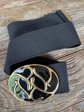 Nan Lewis brass buckle black enamel elastic stretch belt